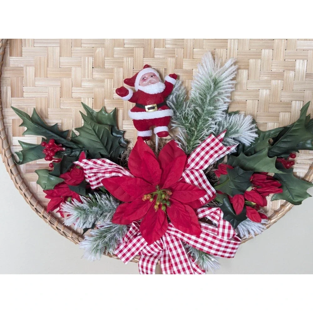 Vintage Flocked Chenille Santa Christmas Wreath Tray Poinsettia Wall Door Decor